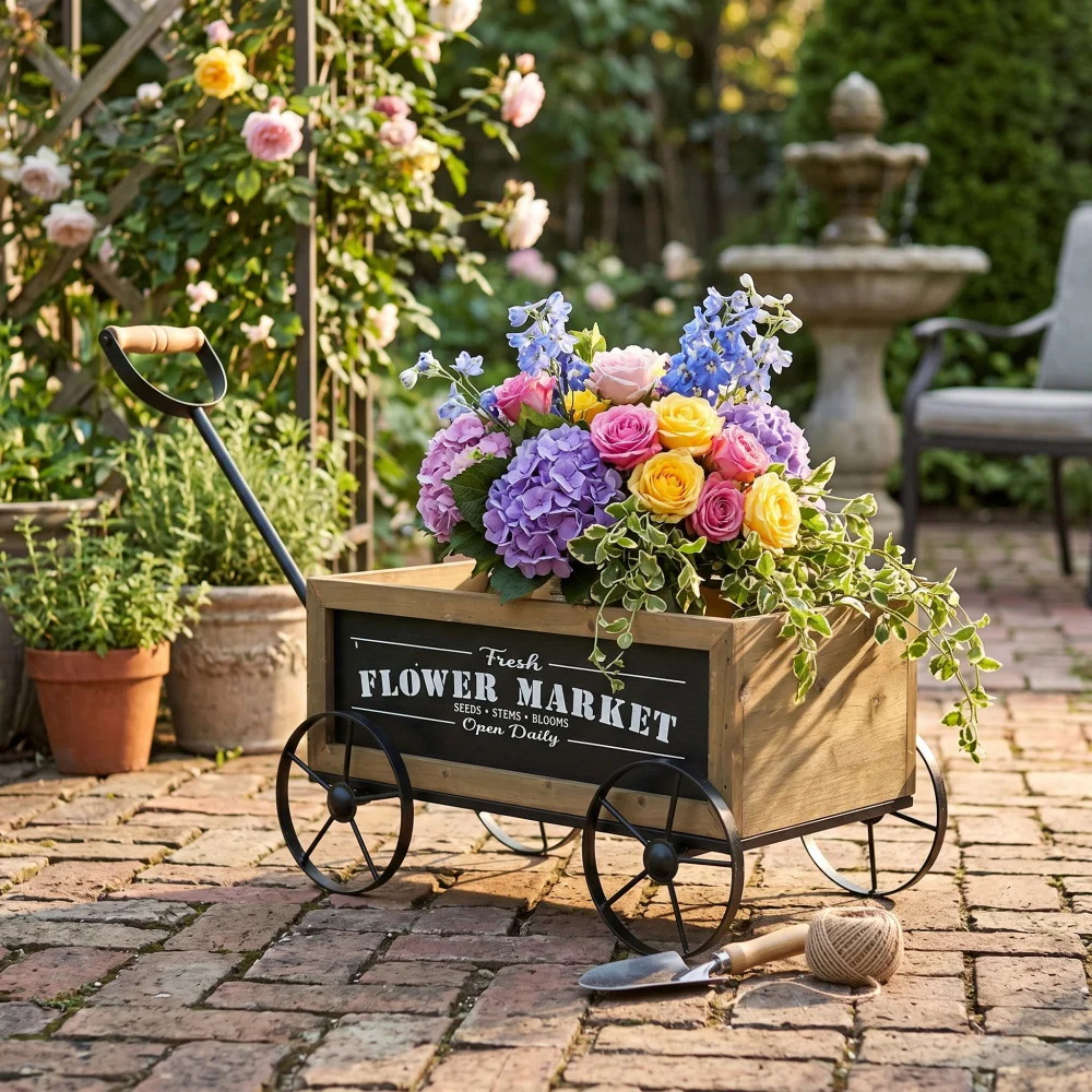 Traditional Carriage Shaped Flowerpot with Black Iron Wheels and Handles, Natural Brown Finish, Black Metal Wheels, Rustic, Vintage, and Chic Rustic Wooden Truck Seeder That Can Accommodate Herbs, Seasonal Flowers, or Creeping Plants