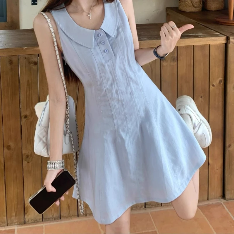 

College Style Linen Sleeveless Dress, Women's Summer New Style, Spicy Girl, Waist Cinching and Slimming A-line Short Skirt