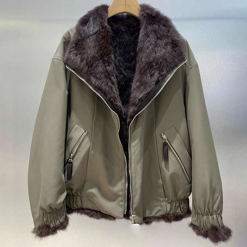 2025 New Winter Loose Real Rabbit Fur Lined Parka Thick Warm Ladies Genuine Fur Coat Long Sleeve Outwear Jacket Female