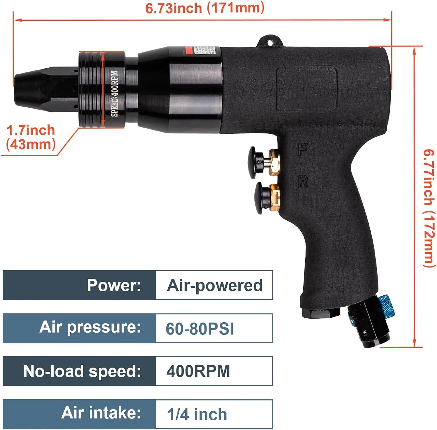 Pistolet à riveter à air comprimé avec tête autobloquante, outil à écrou à riveter à air comprimé, vitesse réglable, 10-24, 1/4, 5/16, 3/8