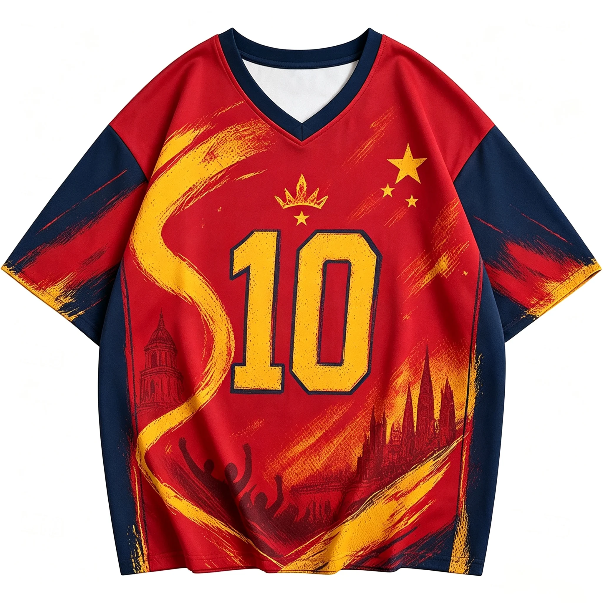 Hot selling Building Crown No.10 3D Printed Quick drying Jersey Red and Yellow Spanish Style Breathable Sports Short Sleeve