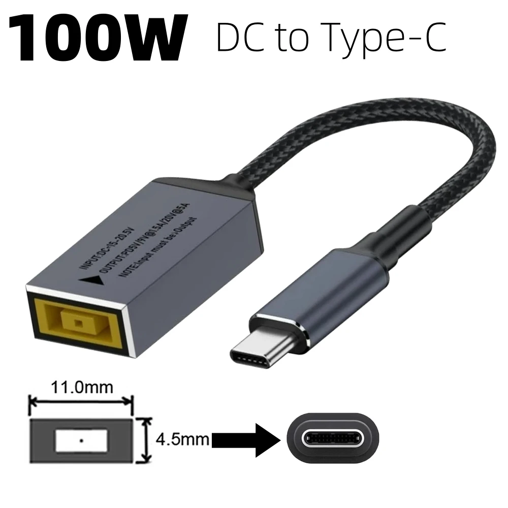 65W 100W Fast Charging Cable for Lenovo Power Adapter DC Square Plug to USB Type-C PD Converter for Laptop Mobile Phone Tablet