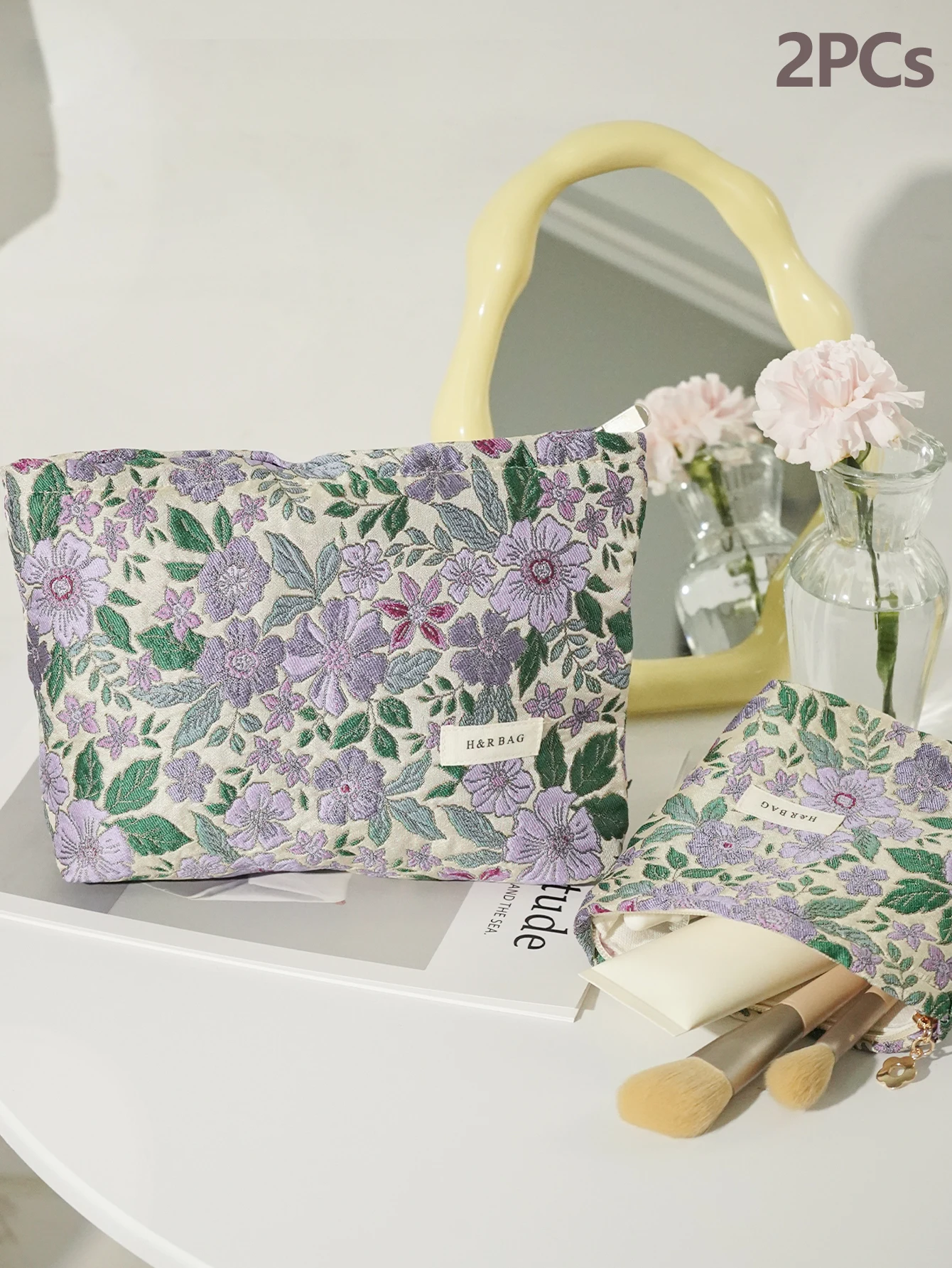 Women's Cosmetic Bag Vintage Purple Flowers Cosmetics Lipstick Girls Storage Bag Portable Coin Purse Commuter Card Holder