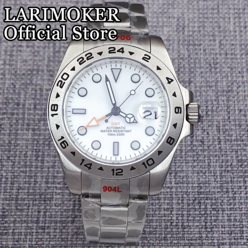 LARIMOKER 40mm43mm Men's  GMT Mechanical Wristwatch 24 Hour Fixed Bezel Sapphire Glass Waterproof White Dial Orange GMT Luminous