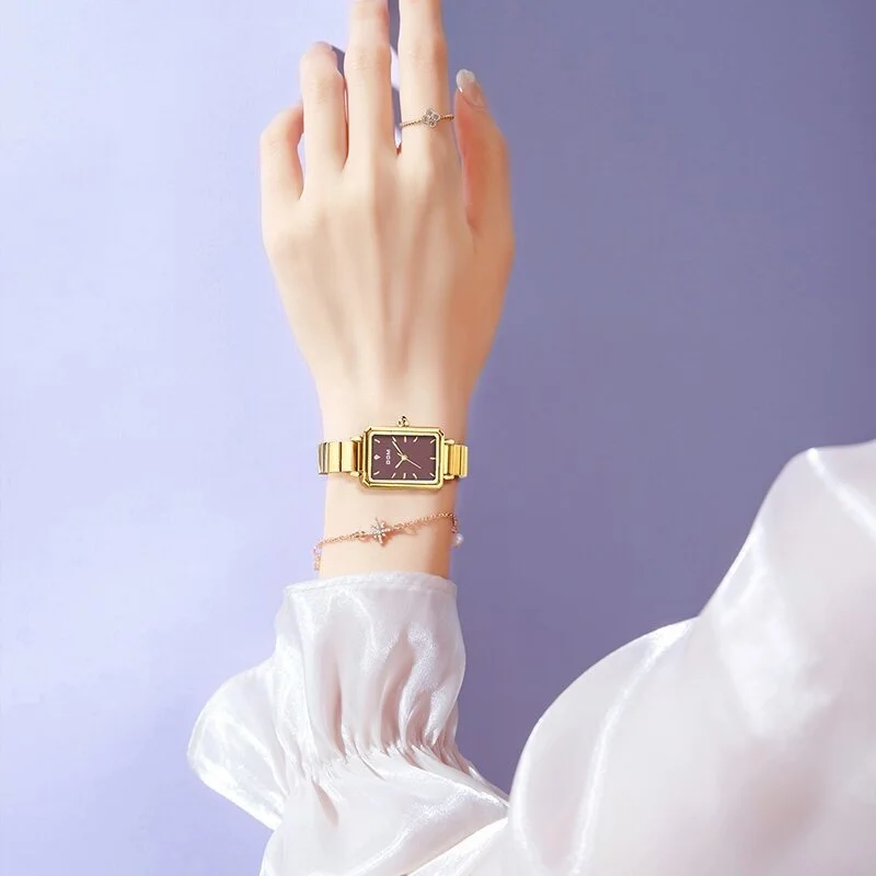 DOM 1760 우아한 숙녀 쿼츠 시계 간단한 패션 직사각형 다이얼 방수 스테인레스 스틸 스트랩 캐주얼 여성용 시계