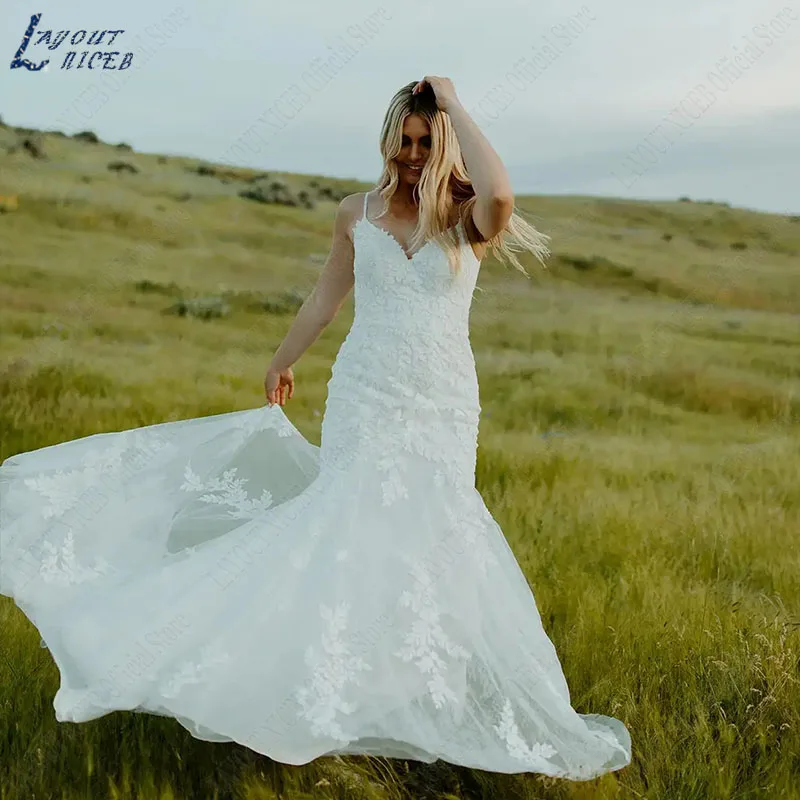 NICEB-vestido De novia De encaje con cuello en V, traje elegante De corte sirena con espalda abierta, apliques nupciales, diseño bohemio Vestido de Novia Sirena Boho Elegante Cuello en V  Vestido De Novia De Encaje Esp