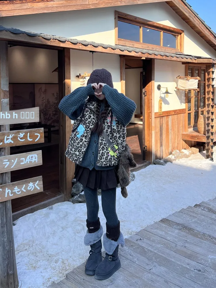 

White Oneko Retro Leopard Print Embroidery Cotton Vest Women's Winter Warm Lamb Fur Outerwear Small Size Jaet Ins Sle