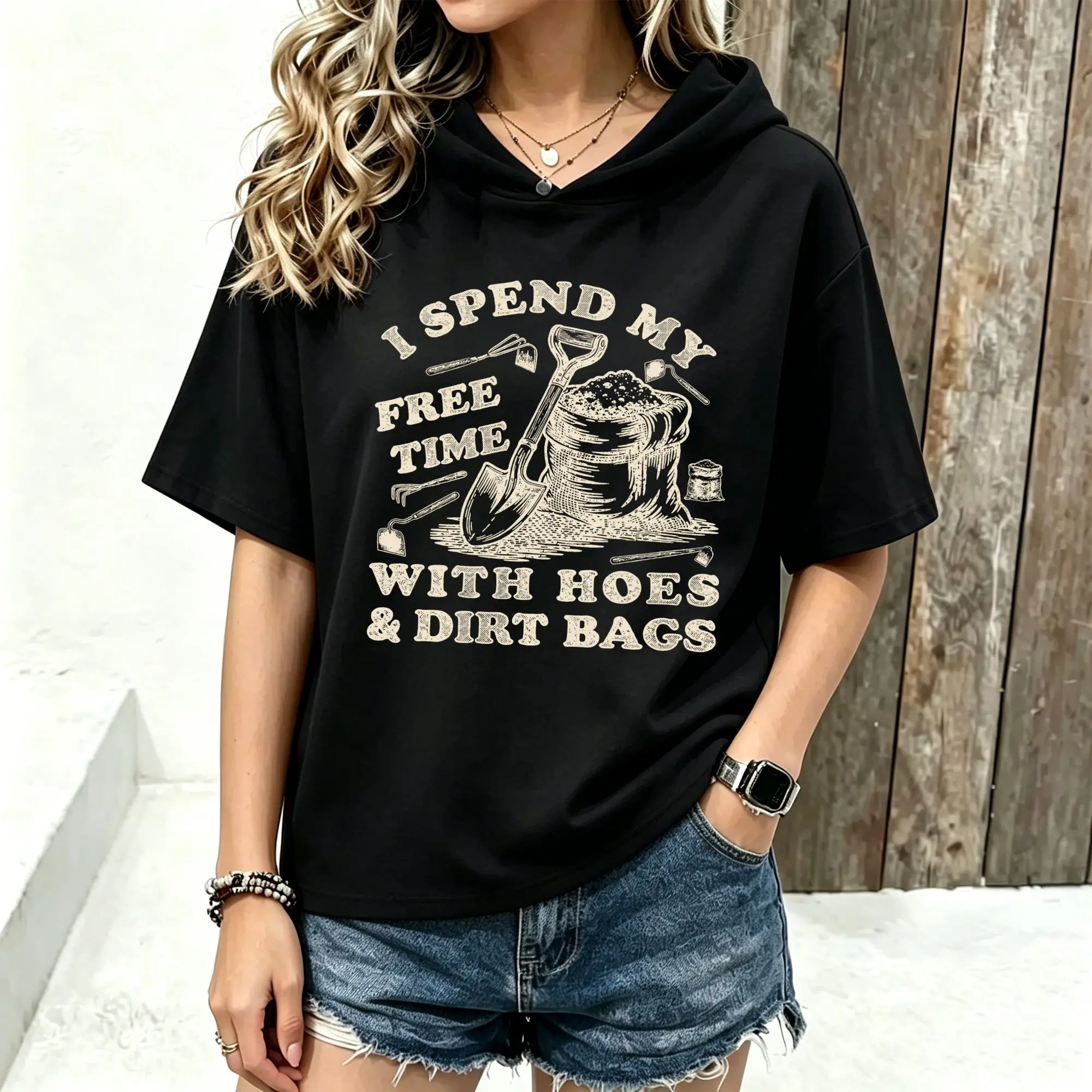 Women Short Sleeve Hoodie Vintage Gardening Tool Slogan Print Spring Summer Casual Hooded Tee Tops