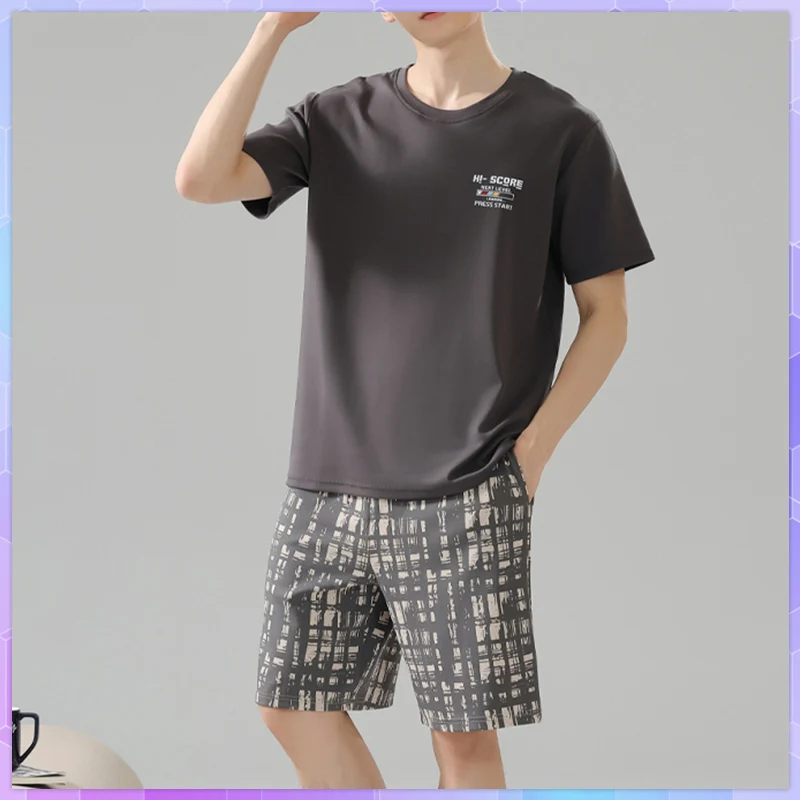 

Summer Plaid Printed Men's Cotton Pajamas With Shorts Pj Short Sleeved Pajama Sets Male Letter Home Suit Sleepwear Homewear 3Xl