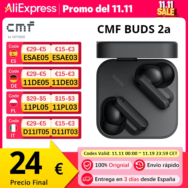 النسخة العالمية CMF Buds 2a سماعة 12.4 مللي متر سائق 42dB نشط إلغاء الضوضاء ANC 4HD Mics IP54 بلوتوث 5.4 سماعات الأذن