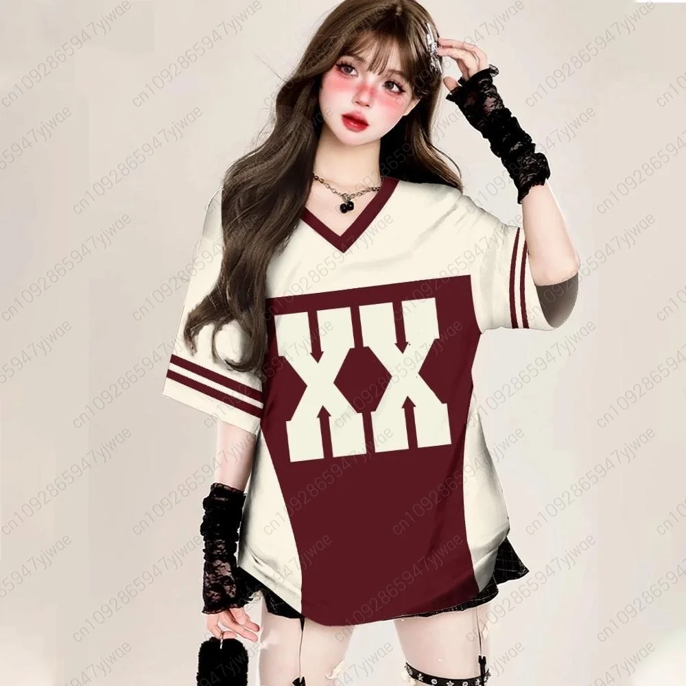 

2025 женская футболка с v-образным вырезом и коротким рукавом с буквенным принтом XX, летняя футболка, бейсбольные майки, спортивная футболка большого размера в полоску