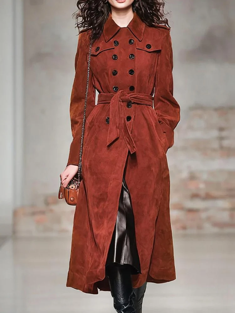 

Британский замшевый длинный плащ, женское двубортное пальто с лацканами, зимняя утолщенная верхняя одежда с поясом, модная уличная ветровка