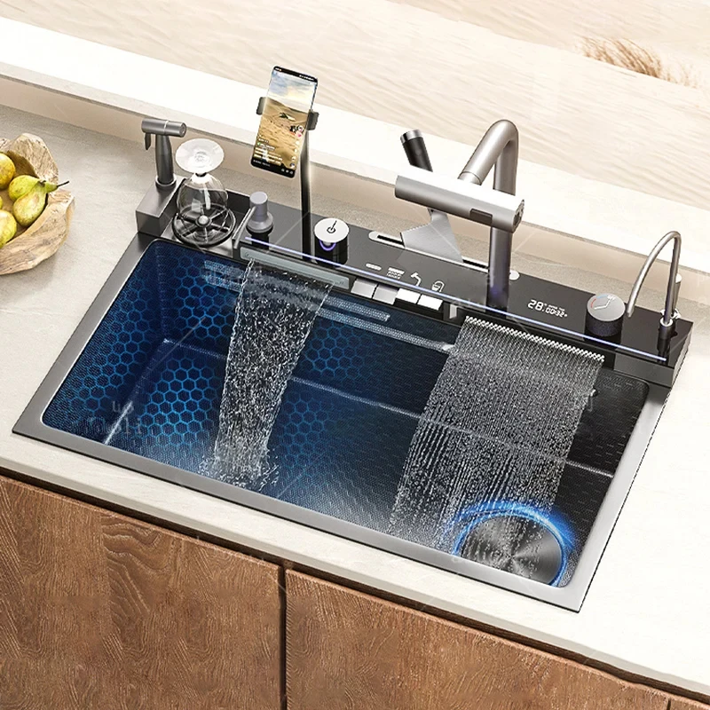 Imagem -03 - Smart Single-slot Cachoeira Kitchen Sink com Suporte do Telefone Torneira Integrada Honeycomb Embosse Aço Inoxidável