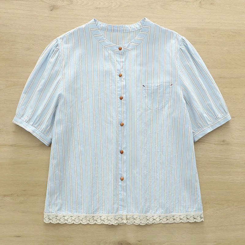 ใหม่2025ฤดูร้อนผ้าฝ้ายแขนสั้นเสื้อผู้หญิงยืนลายลูกไม้Patchwork, MoriสาวหวานOLเดินทางเสื้อหลวมT54014CC