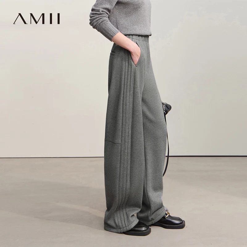 

Amii Pants For Woman 2025 Winter New Waist Versatile Casual Warm Trousers Women's Loose Solid Color Knit Wide Leg Pants 12544099