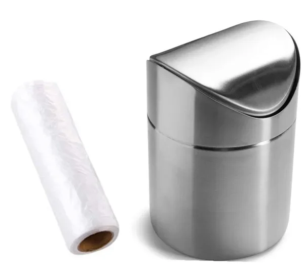 

Mini Countertop Brushed Stainless Steel Swing Lid Trash Can Set, Come with Trash Bag, 1.5 L / 0.40
