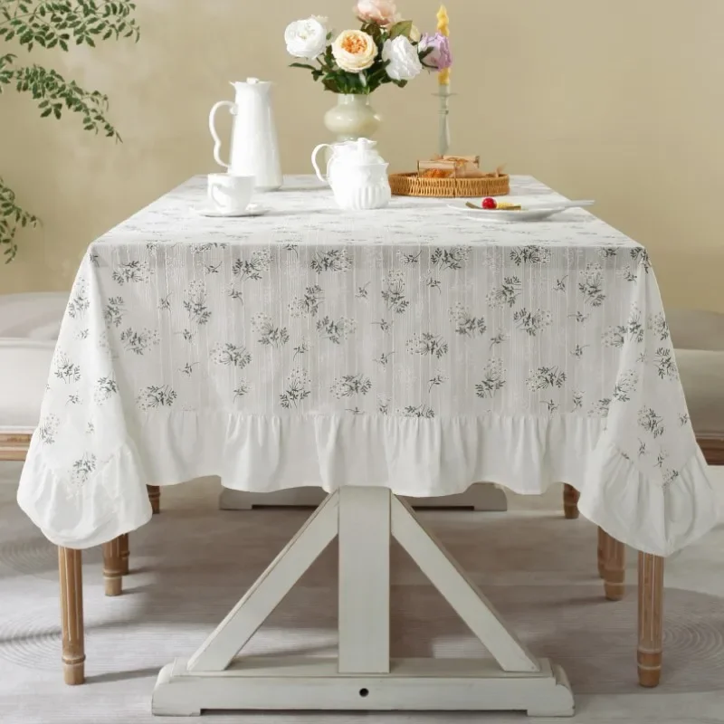 Korea Tablecloth Pure Cotton Lace-edge Tablecloth with Small Floral Patterns Fish Tail Embellishments Rectangular Tablecloth