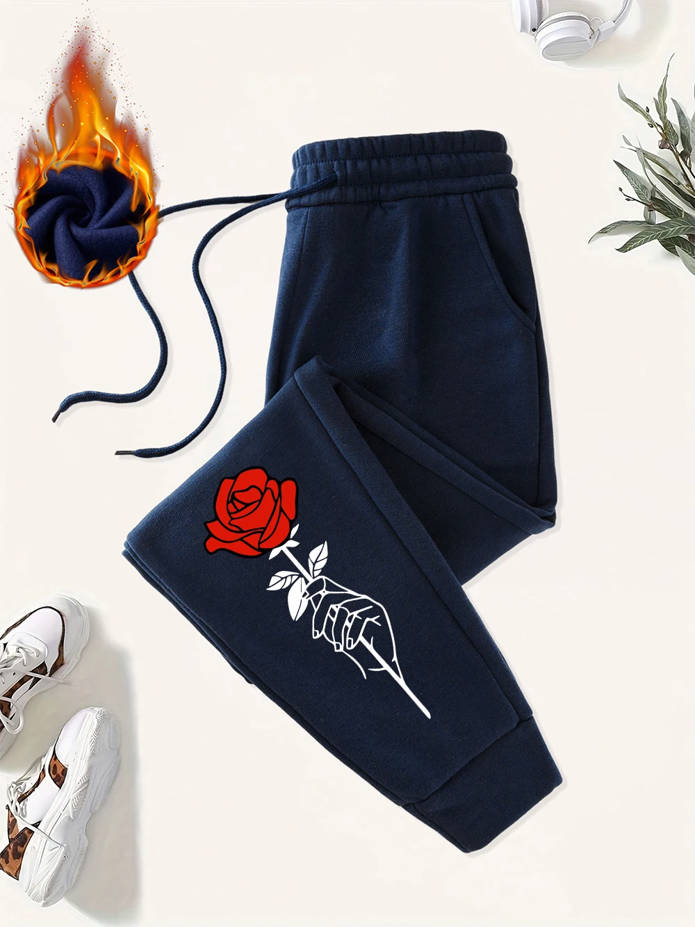 A Hand Holding Rose Print Sweatpants Women Basics Trousers Comfortable All-Match Loose Jogger Pants Winter Womans Sportswear