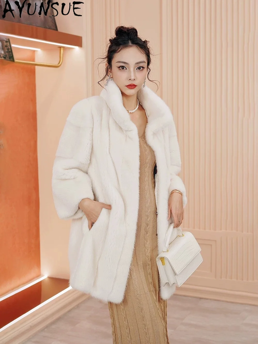 AYUNSUE Natural Mink Fur Coat Women Winter Clothes Mid-length New in Coats Whole Mink Woman Jacket Fashion 2026 Шуба Женская