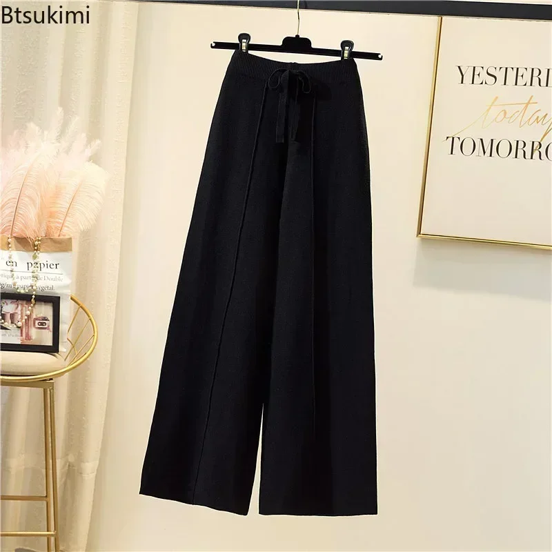 2024 Women\'s High Waist Wide Leg Pants Knitted Autumn Winter Casual Soft Straight Leg Pants Lace-up Solid Trousers Pants Female