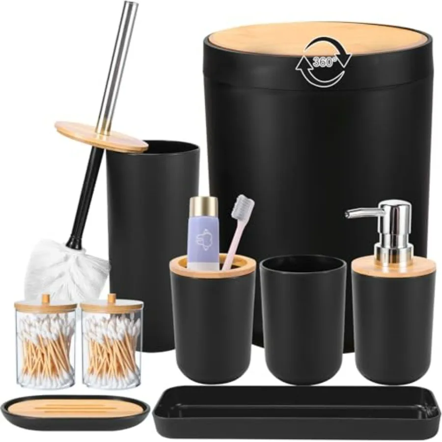 

9Pcs Black Bathroom Accessories Set with Trash Can for Modern Bathroom Decor Durable Metal Finish in Sleek Black Compact Storag