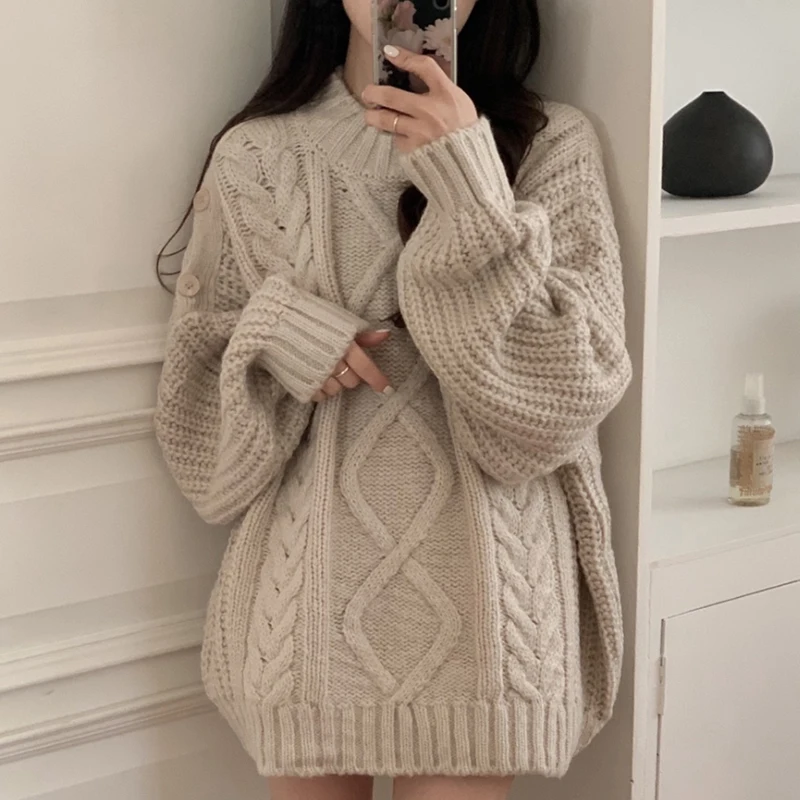 

Chic Autumn Winter Loose Long Sve round Ne Knitted Sweater Side Button Design Comfortable Lazy Sle Casual Faion Wome...