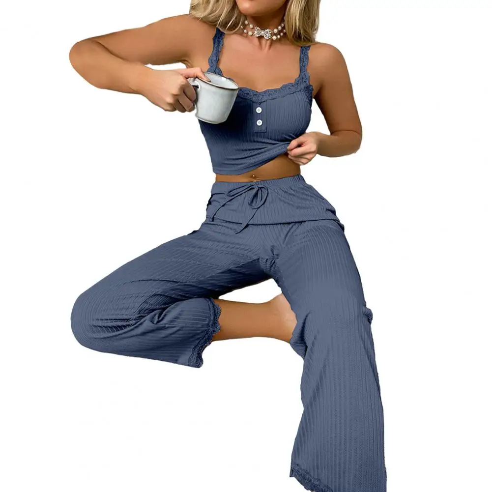 Two-piece Home Loungewear Women's Summer Pajamas Set with Low-cut V Neck Tank Top High Elastic Waist Trousers Solid Color