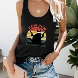 Seeyoushy Pew Pew Madafakas Black Cat with Knife Print Funny Tank Top Women Sleeveless Summer Loose Cartoon Vest Harajuku Shirt