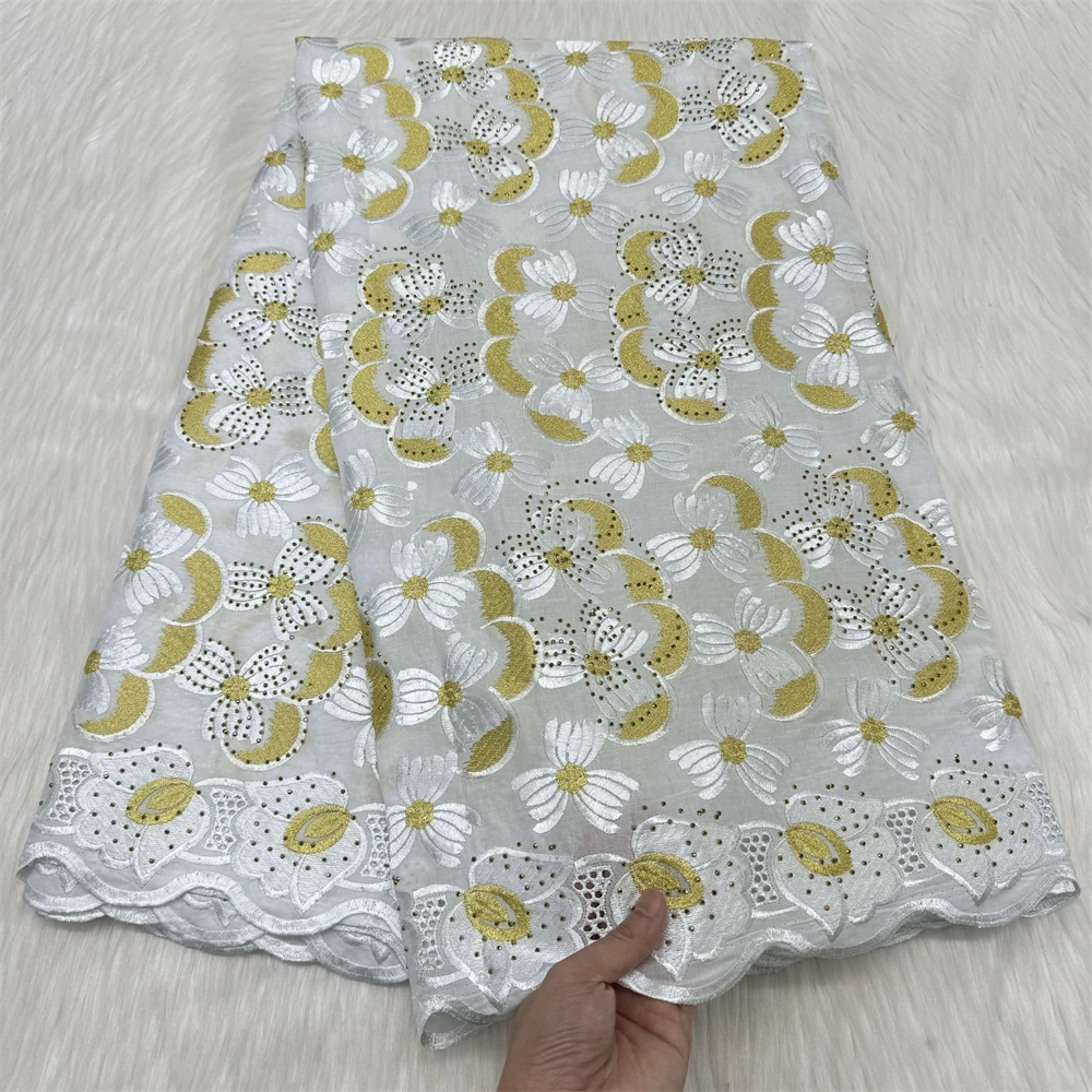 

White Gold African 100%Cotton Lace Fabrics 2024 High Quality Satin Swiss Voile Lace Fabric Stones Nigeria Lace Fabric For Dress