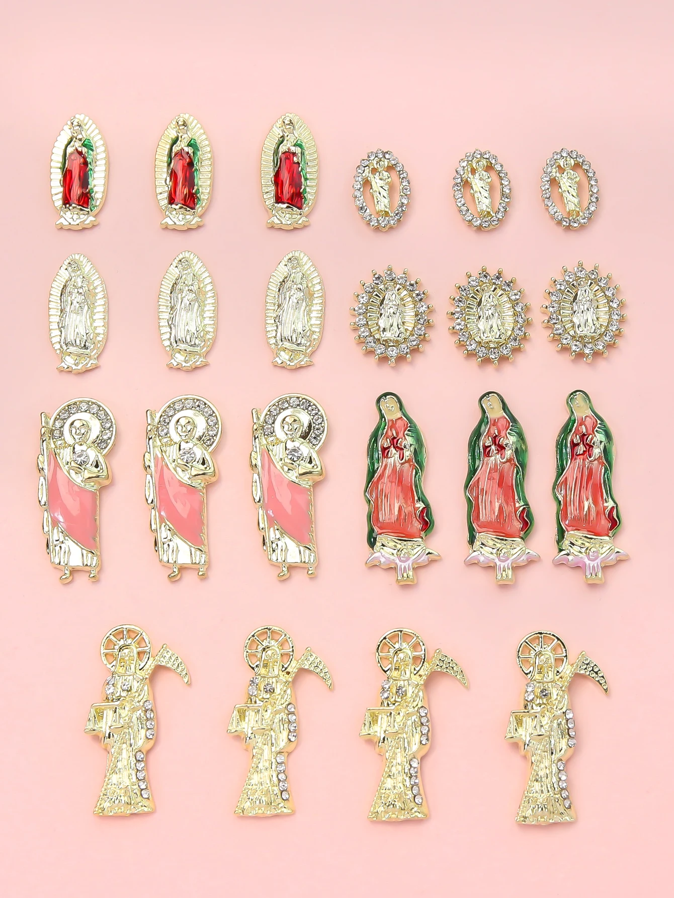 21pcs/Box Alloy Virgin Mary Gemstone Rhinestone Nail Charm Luxury Shiny Crystal 3D Jesus San Judas DIY Manicure Tips Decoration
