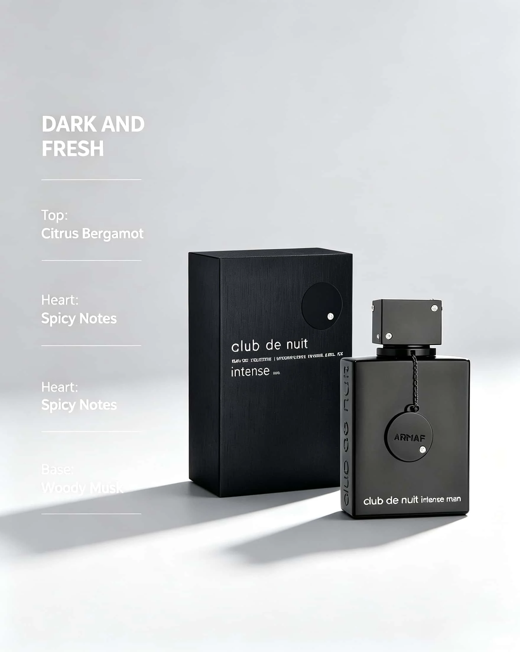 Armaf Club De Nuit Intense Man Eau De Toilette 100ml For Men, Luxury Matte Black Grain Square Perfume Bottle With Decorative Chain Medallion, Matching Black Packaging Box, Rich Woody Fruity Musk Scent For Night Event & Gifting