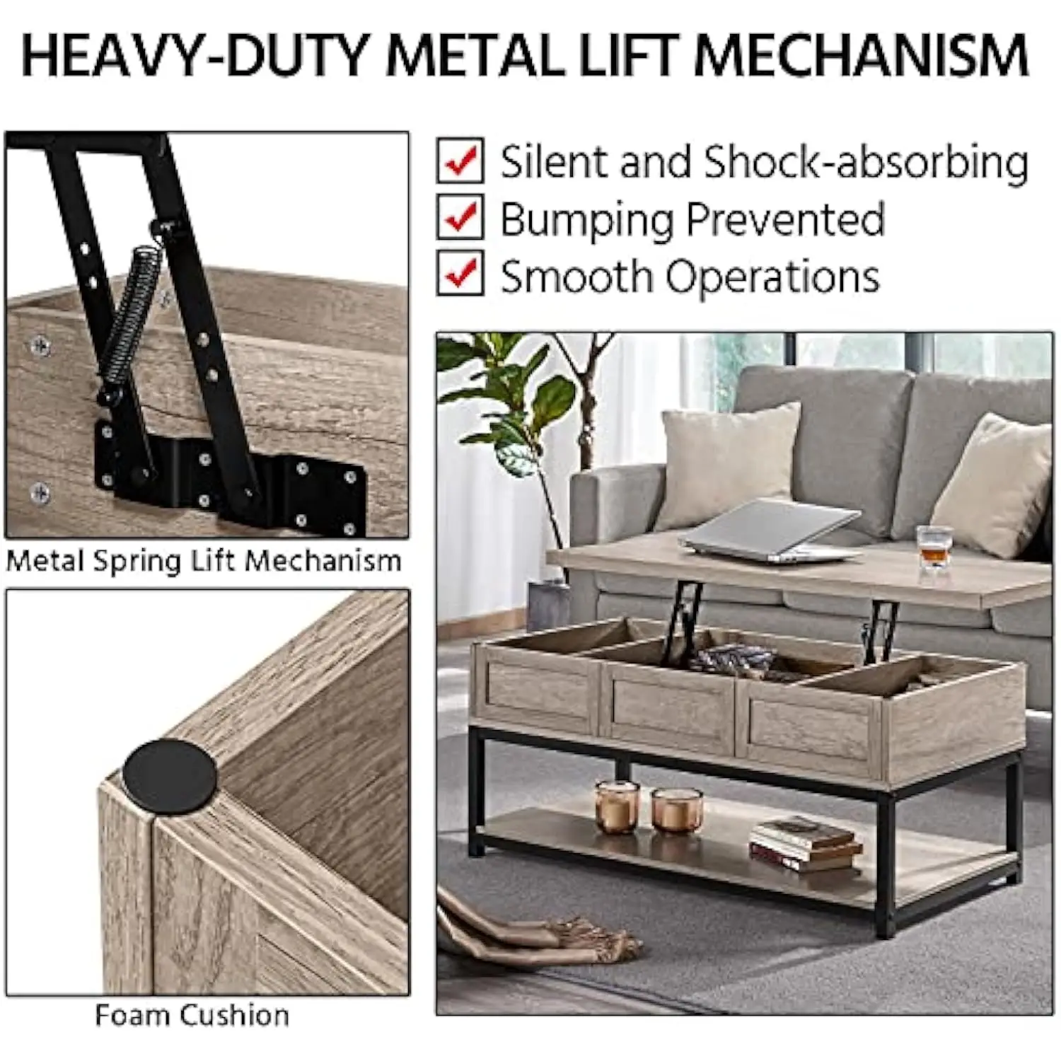 Lift Top Coffee Table with Hidden Compartments & Open Shelf, Tabletop Metal Frame Cocktail Table, Rising Center/Acent Table fo