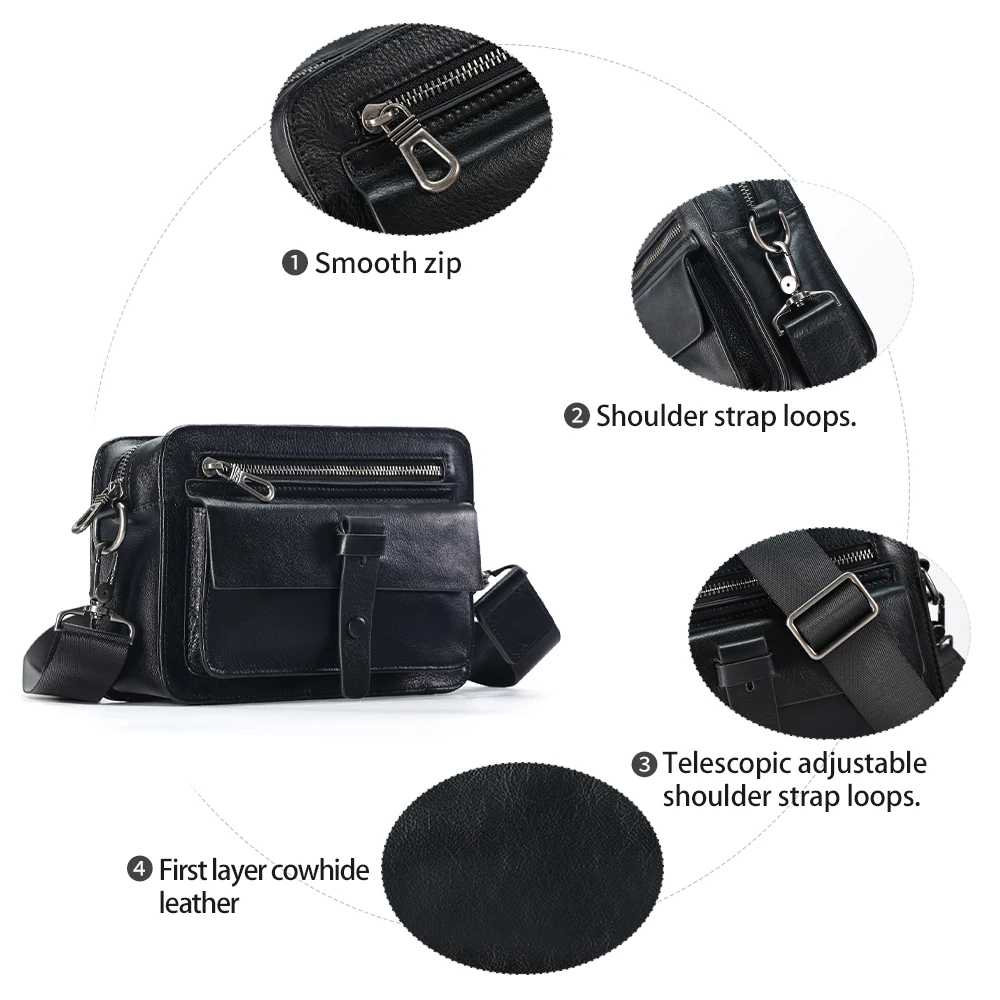 JOYIR Genuine Leather Men Zip Messenger Bag Retro Satchel Bags for Male Casual Shoulder Crossbody Bag Fashion Travel Sling Bags