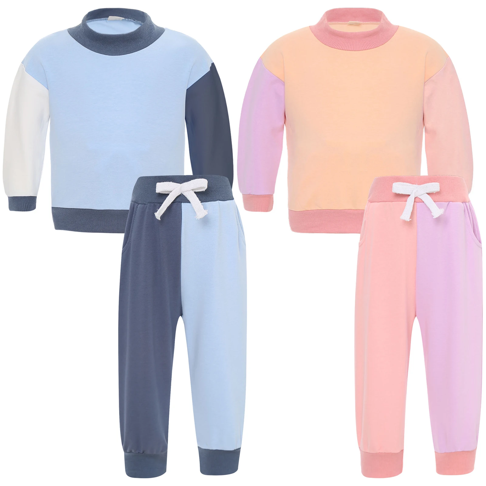 Toddlers Baby Boys Girls Sets Long Sleeve Color Block Tops Pants Sweatshirt Outfits for Daily Wear Outdoor Play Birthday Party