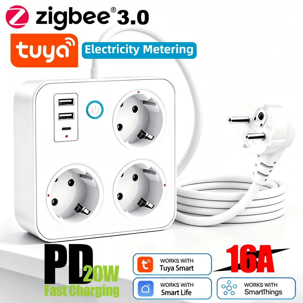 BORUIDAPLS EU Smart Power Board Tuya ZigBee USB PD20W Power Metering Remote Voice Control for Alexa Google Home Extension Cable