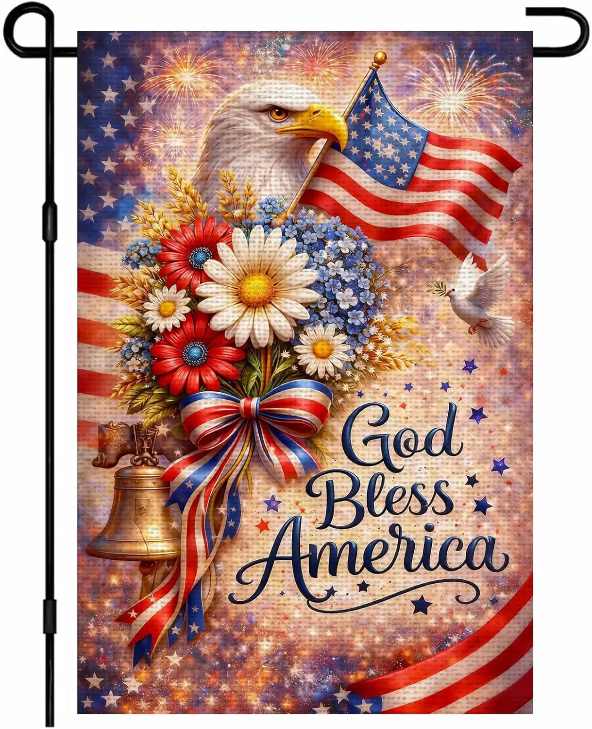IVN 4th of July God Bless America Garden Flag 12x18 Inch Burlap Double Sided Eagle Daisy Flower American Yard Patriotic Inde jjp