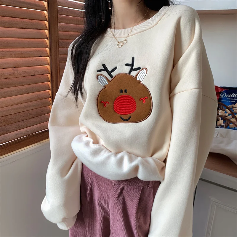 Christmas Sweatshirt Women Deer Pattern Simple Solid O-Neck Padded Warm Tops Fall Winter Loose Lazy Cute Pullover