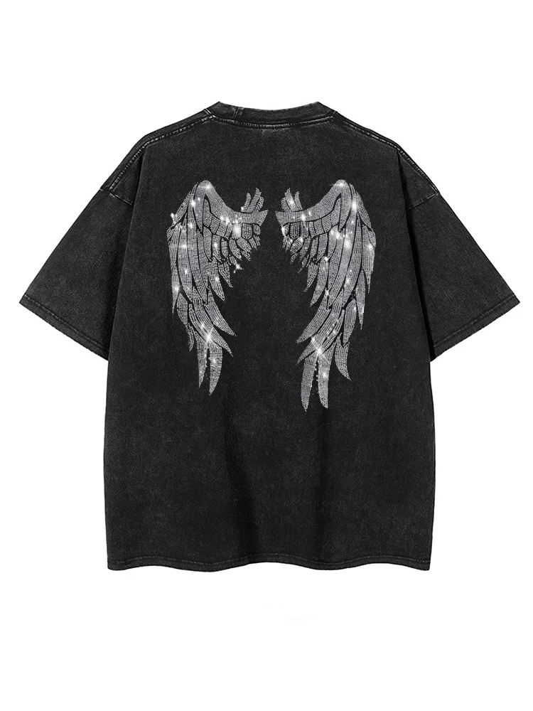 Men Women's Unisex Vintage Wash Rhinestone Wings Short Sleeve Tee Cotton Women T Shirts