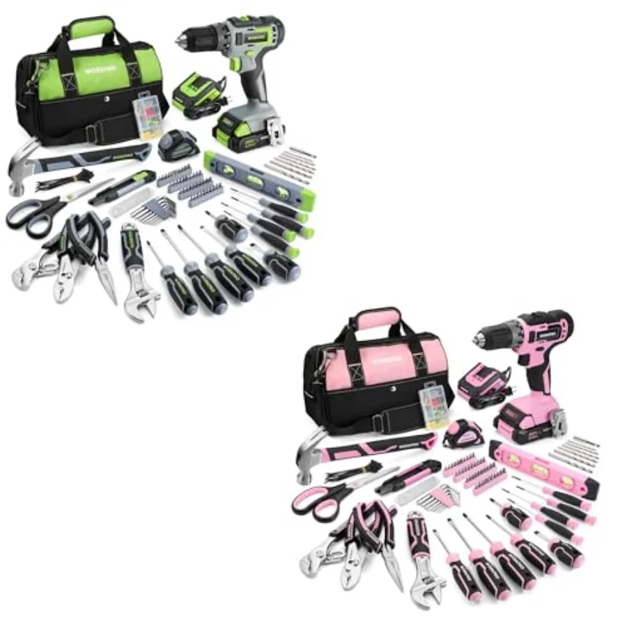 

Набор инструментов для дома из 157 предметов с дрелью 20В – розовый и набор инструментов для дома WORKPRO из 157 предметов с дрелью 20В – зеленый