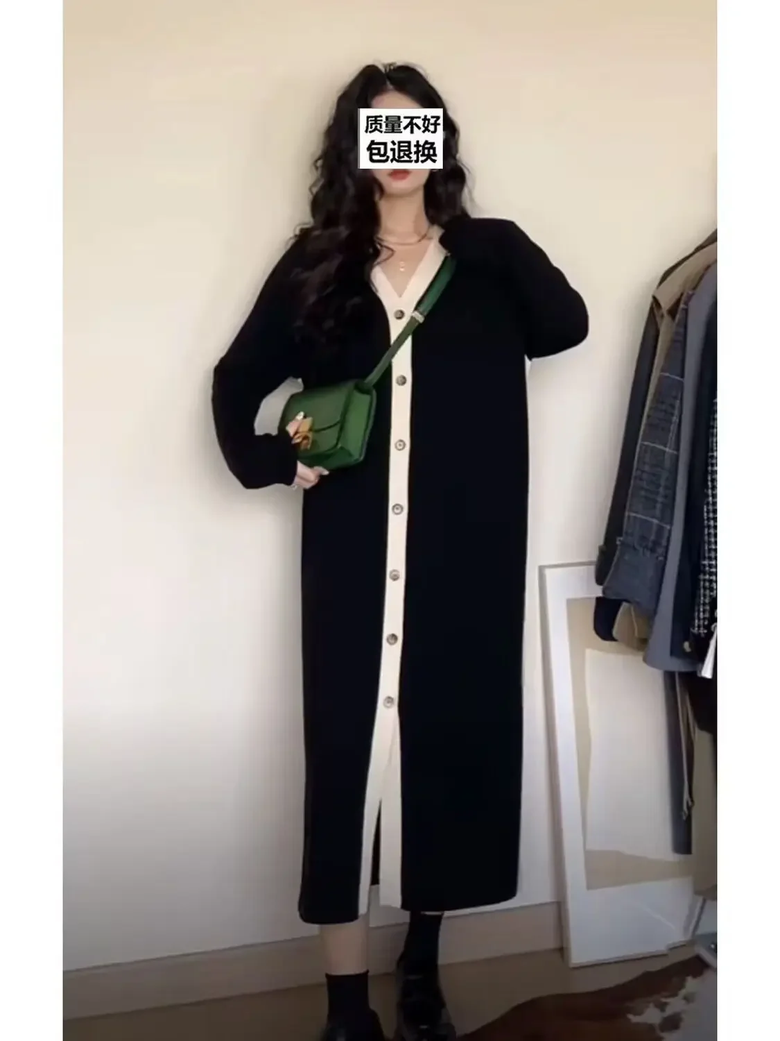 2025 Spring and Autumn New Women's Open Dress Loose Splicing V-neck Knitted Dress