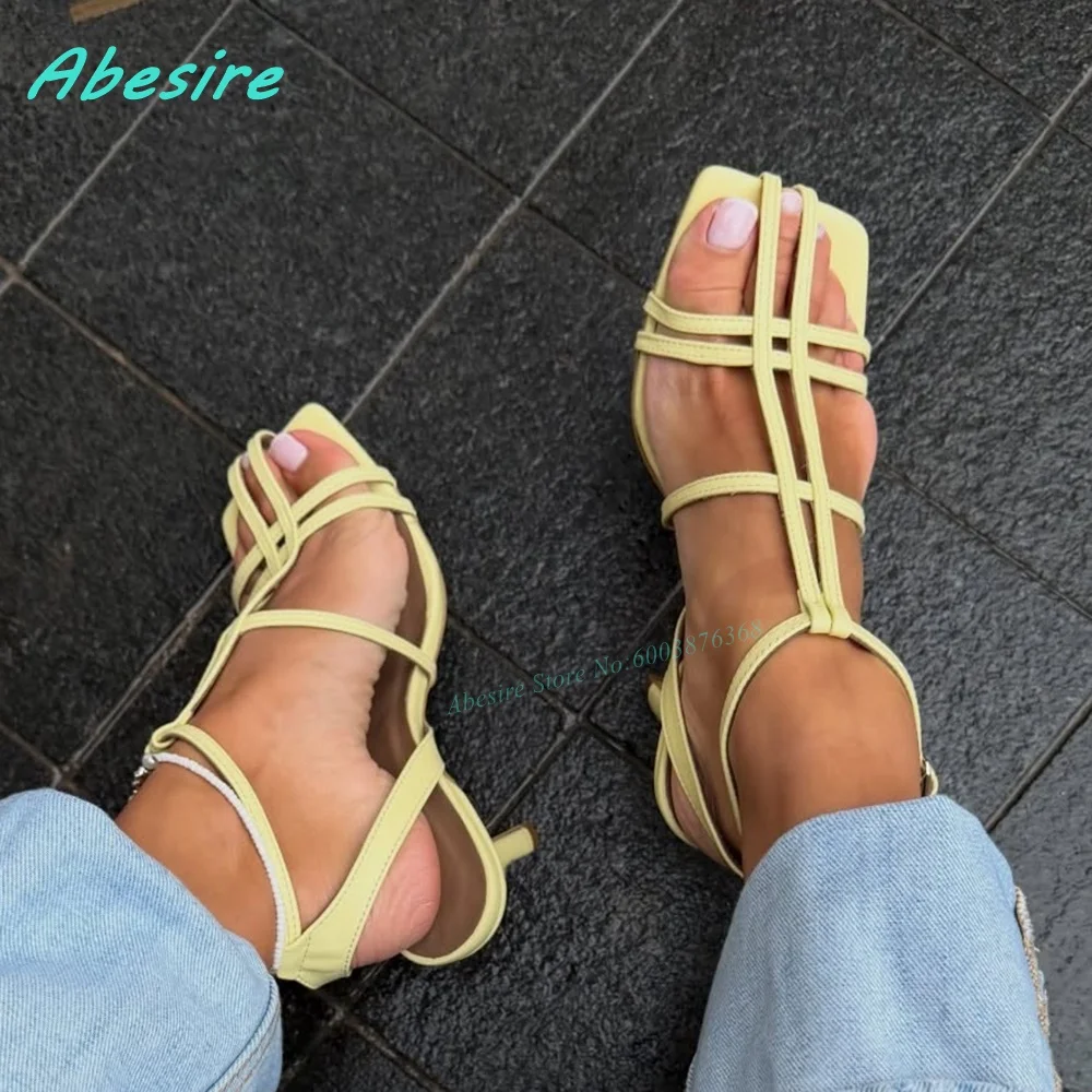Yellow Double-Strap Thin Heels Sandals Square Toe Hollow Out Slingback Shoes for Women Casual Summer Daily Fashion Shoes New