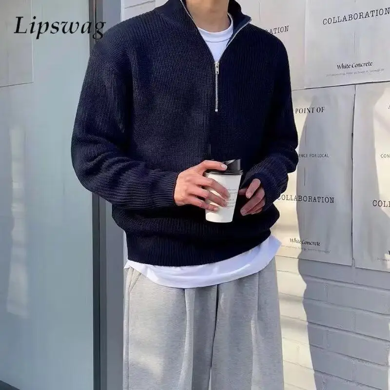 Korean Style Zipper Knit Polo Shirts Mens Fashion Solid Color Stand Collar Loose Long Sleeve Top Men Fall Winter Knitted Shirt