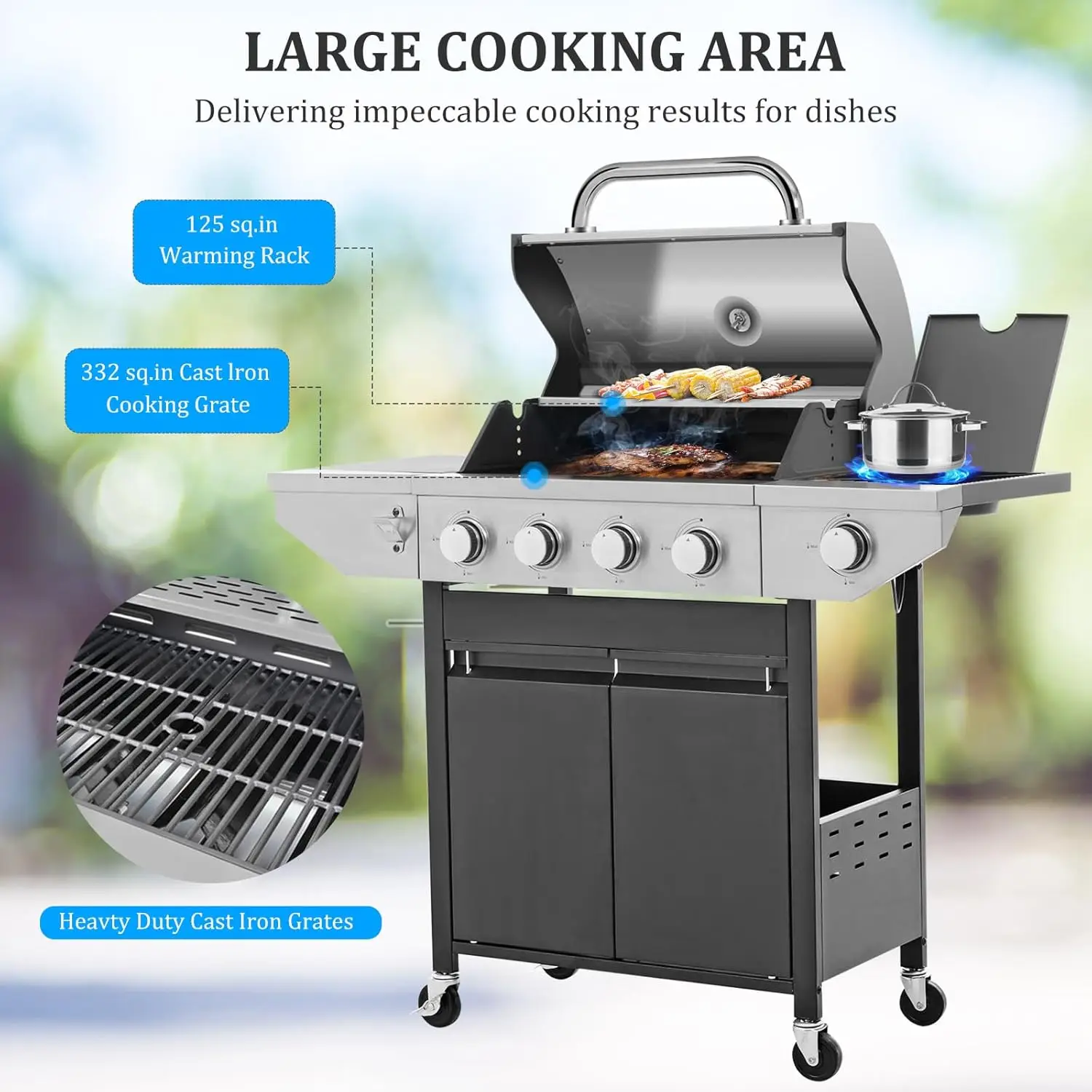 4-Burner Propane Gas BBQ Grill with Side Burner & Porcelain-Enameled Cast Iron Grates Built-in Thermometer, 47,000 BTU O