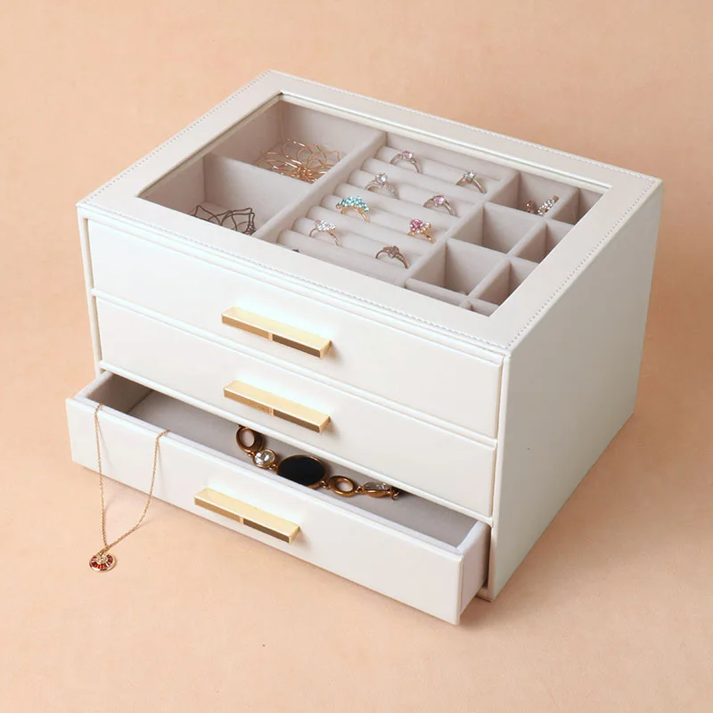 Leather Jewelry Storage Box Women's Necklace Earrings Box 3 Layer Drawer Organizer Display Case Luxury Pretty Jewerly Boxes Gift