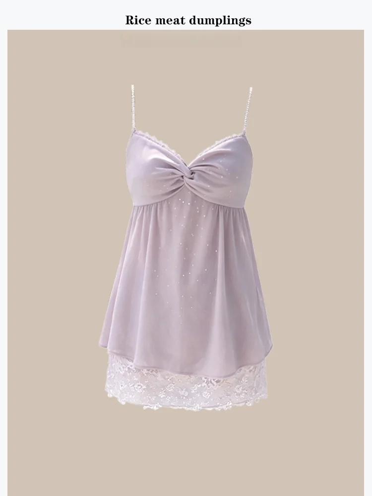 

Summer Elegant Cute Small Set Soft Purple Rhinestone Strap Heavy Work Flower Embroidery Half Skirt Lace High Waist V-neck Sli...