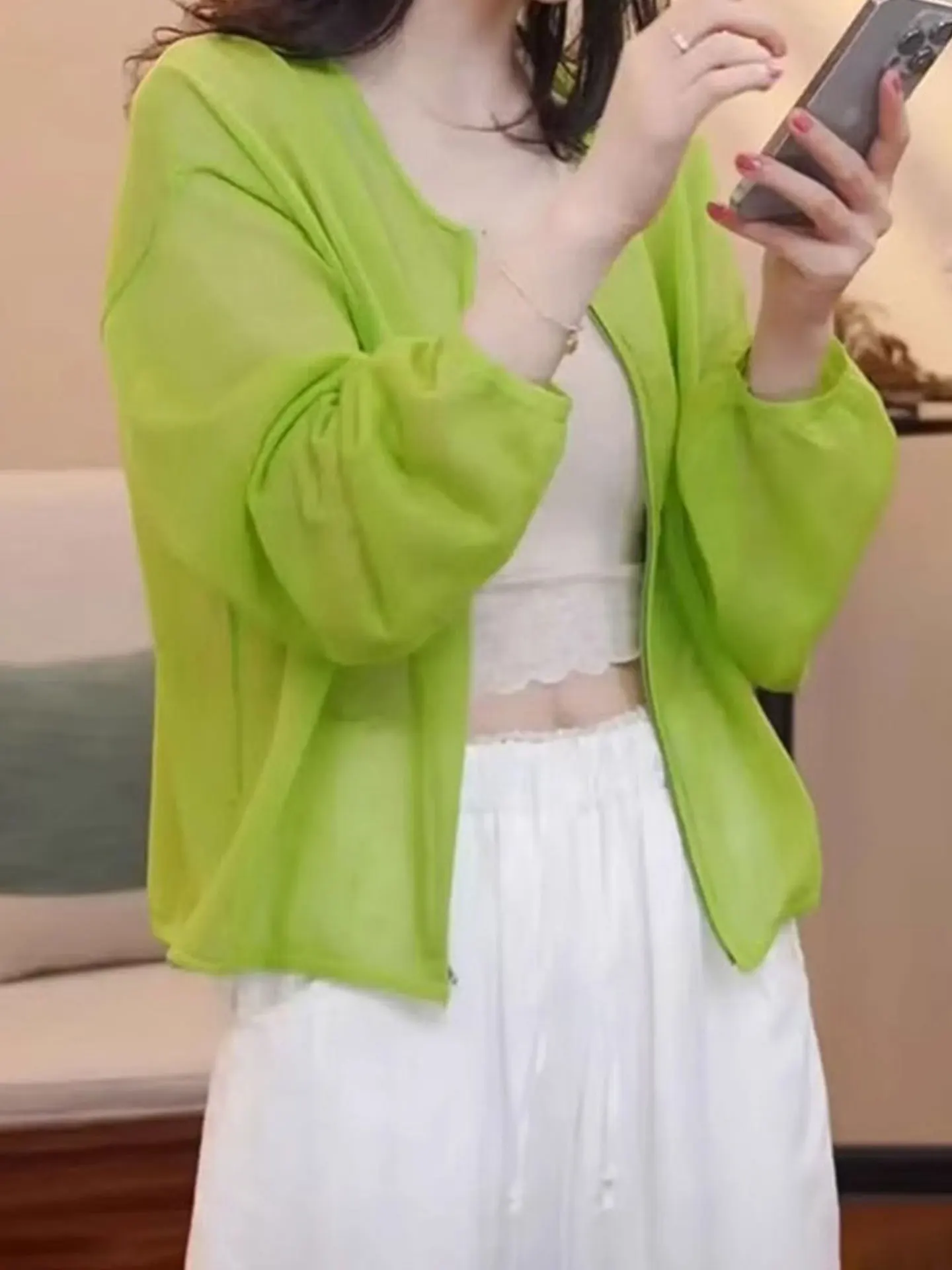 

High-End European Sle Color Zipper Ne Long Sve Breathable Lightweight Knitted Sun Protection Cardigan for Summer