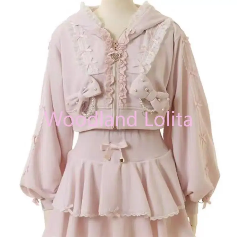 Spring Autumn Lolita 2 Piece Set Heavy Craftsmanship Sweet Cute Pearl Lace Edge Hoodies Women Pink Zipper Hoodie and Skirt Sets image 4