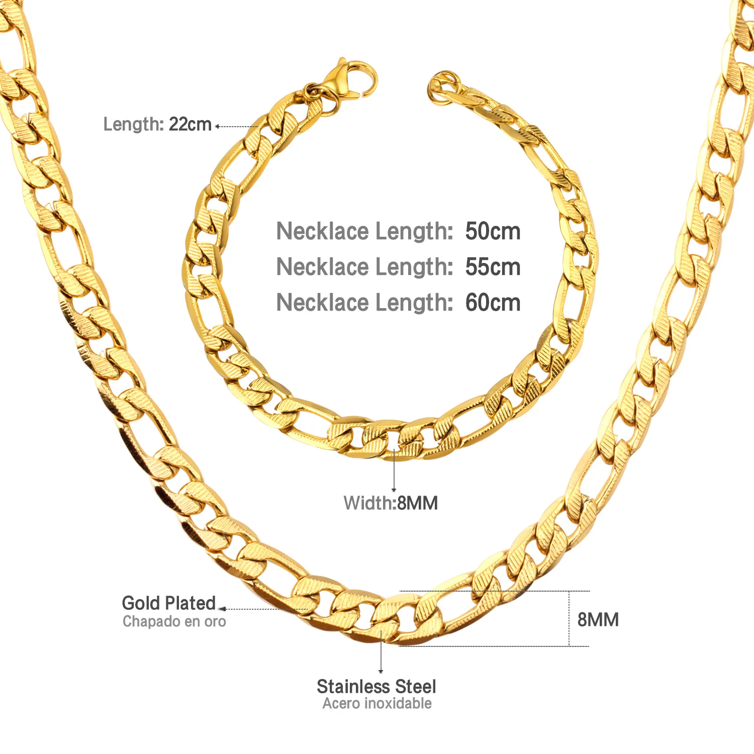 ASONSTEEL Women/Men 8mm Width Set Gold Color Stainless Steel Necklace with Bracelet Cuban Chain for Diy Fashion Jewelry Making