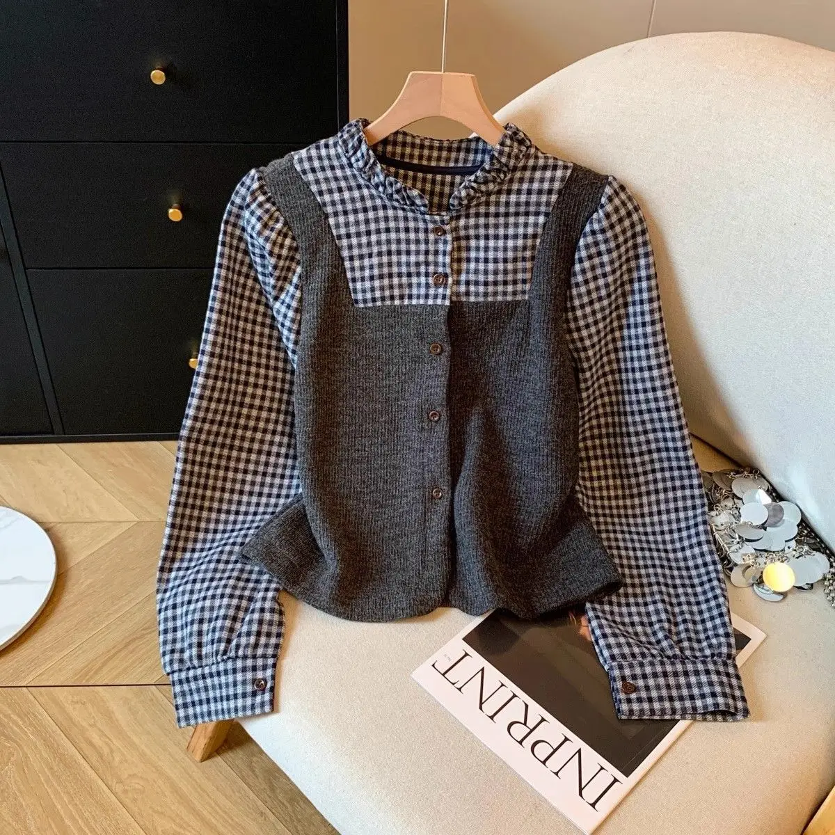 Shirt Black Gray Checkered Patchwork Fake Two-piece Long Sleeved Shirt Autumn New Design Niche Stand Up Collar Knitted Top