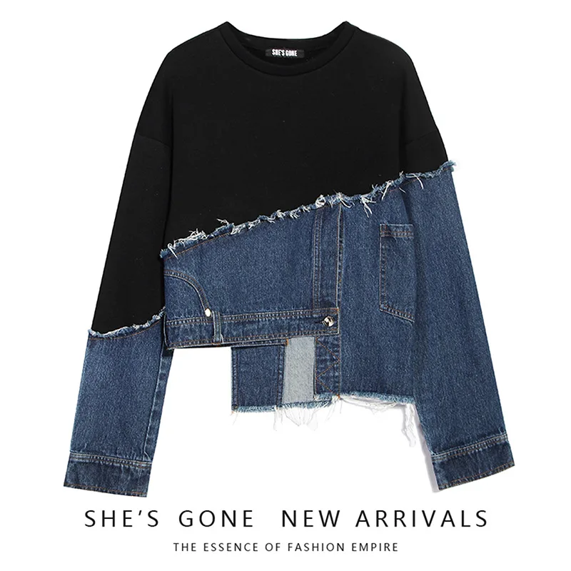 

Women Hoodies Denim Sweatshirts Coats Patchwork Tops Round Neck Y2k Long Sleeves Pullover Loose Casual Streetwear 2025 Autumn